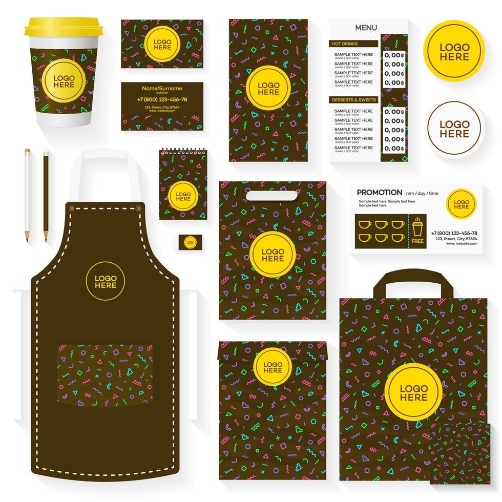 Coffee house template set with memphis pattern vector