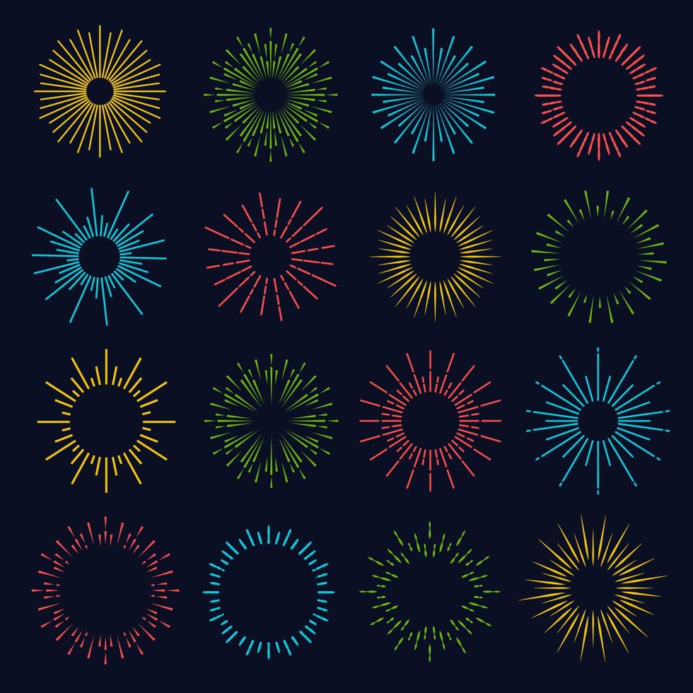 Vector sunburst set hipster style different color isolated on dark background