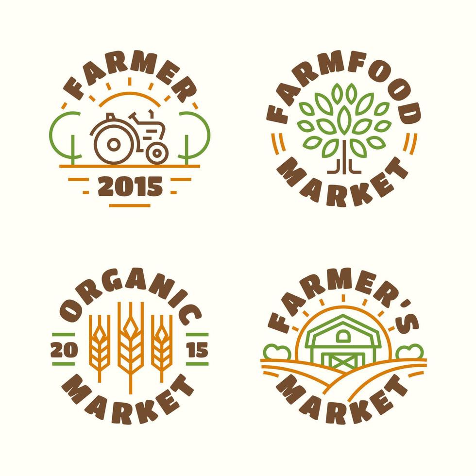 Farm food market and organic emblem set color line style for farming, natural product company vector