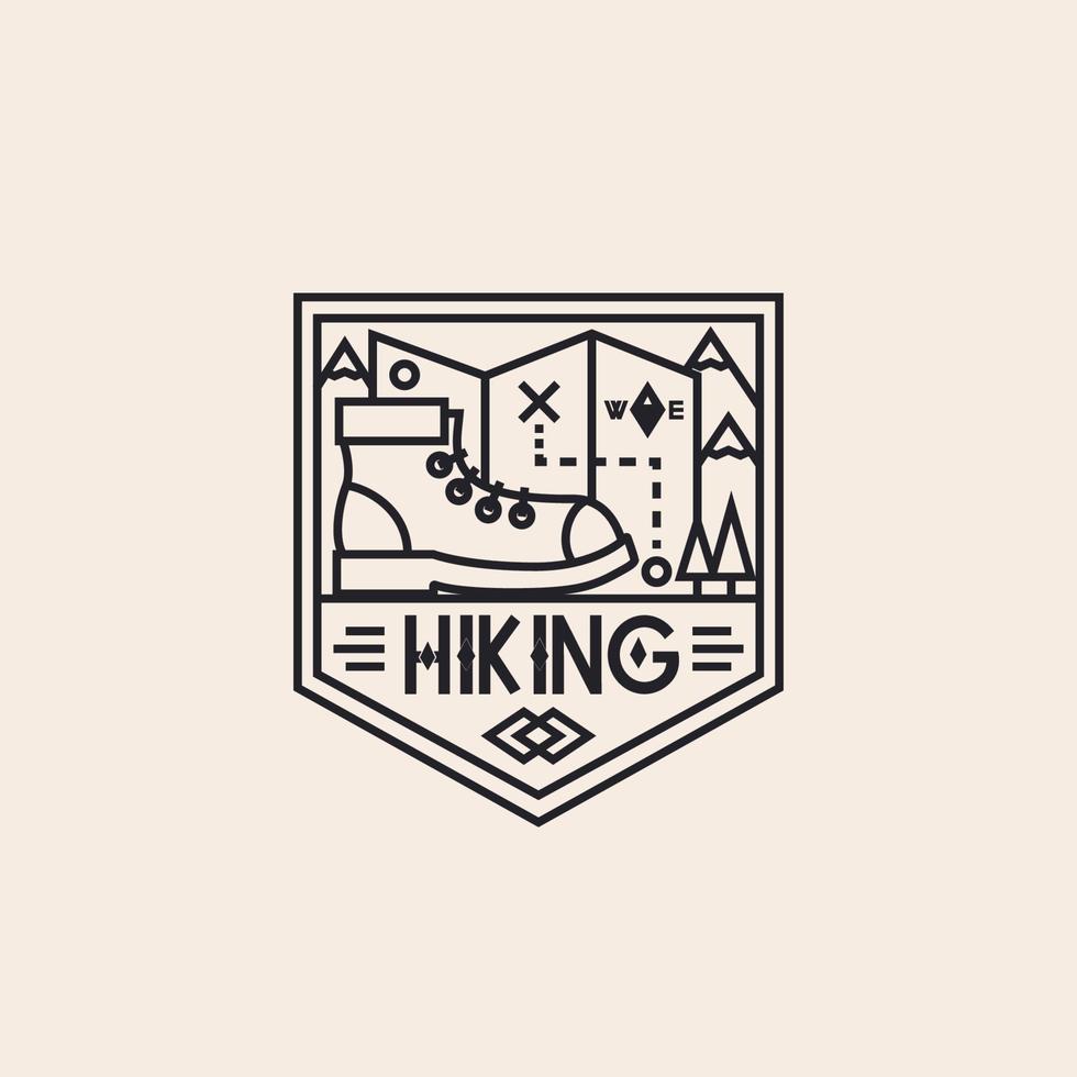 Hiking logo consisting of boot, maps and landscape line style for explore emblem vector