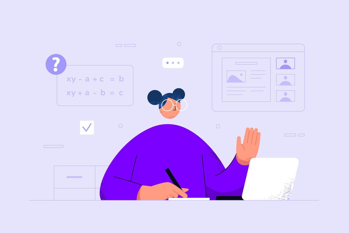 Young student raising hand to answer question while taking online course vector