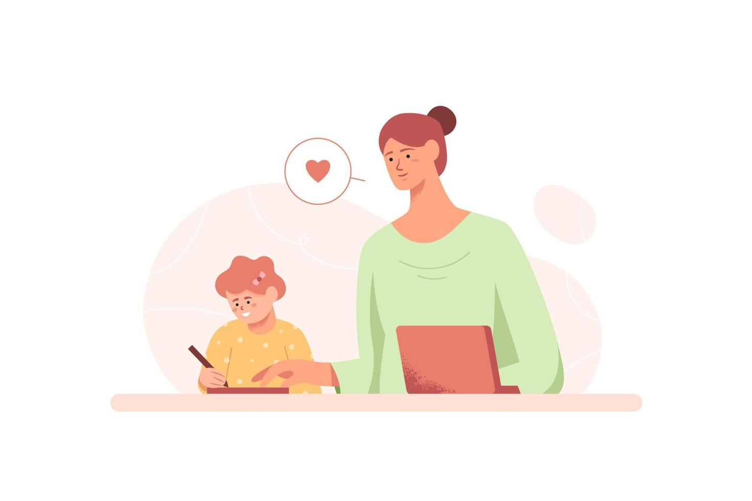 Mom helping her daughter doing homework in flat design vector