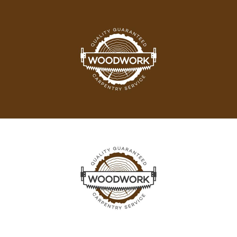 Set of woodwork logo with saw and tree cut down isolated on background for wood master vector