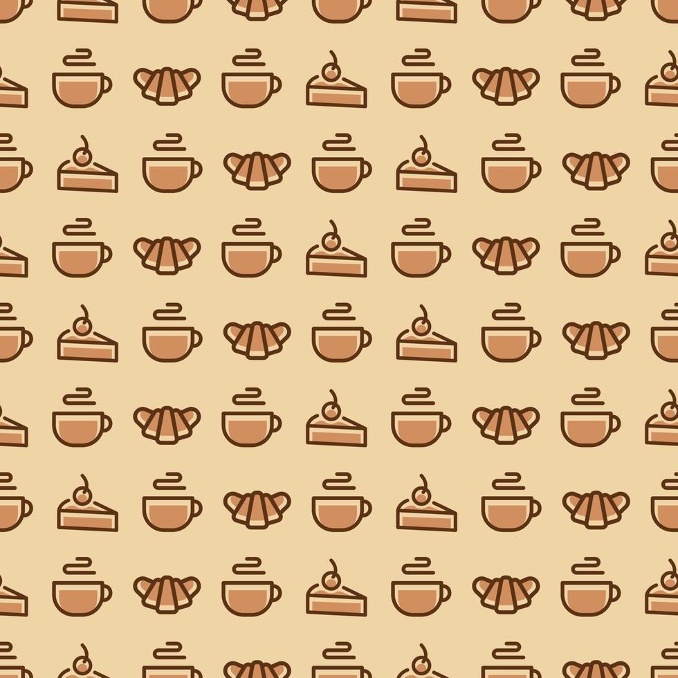 Sweet bakery seamless pattern consisting of croissant, cup of tea, cake for cafe, cupcake firm vector