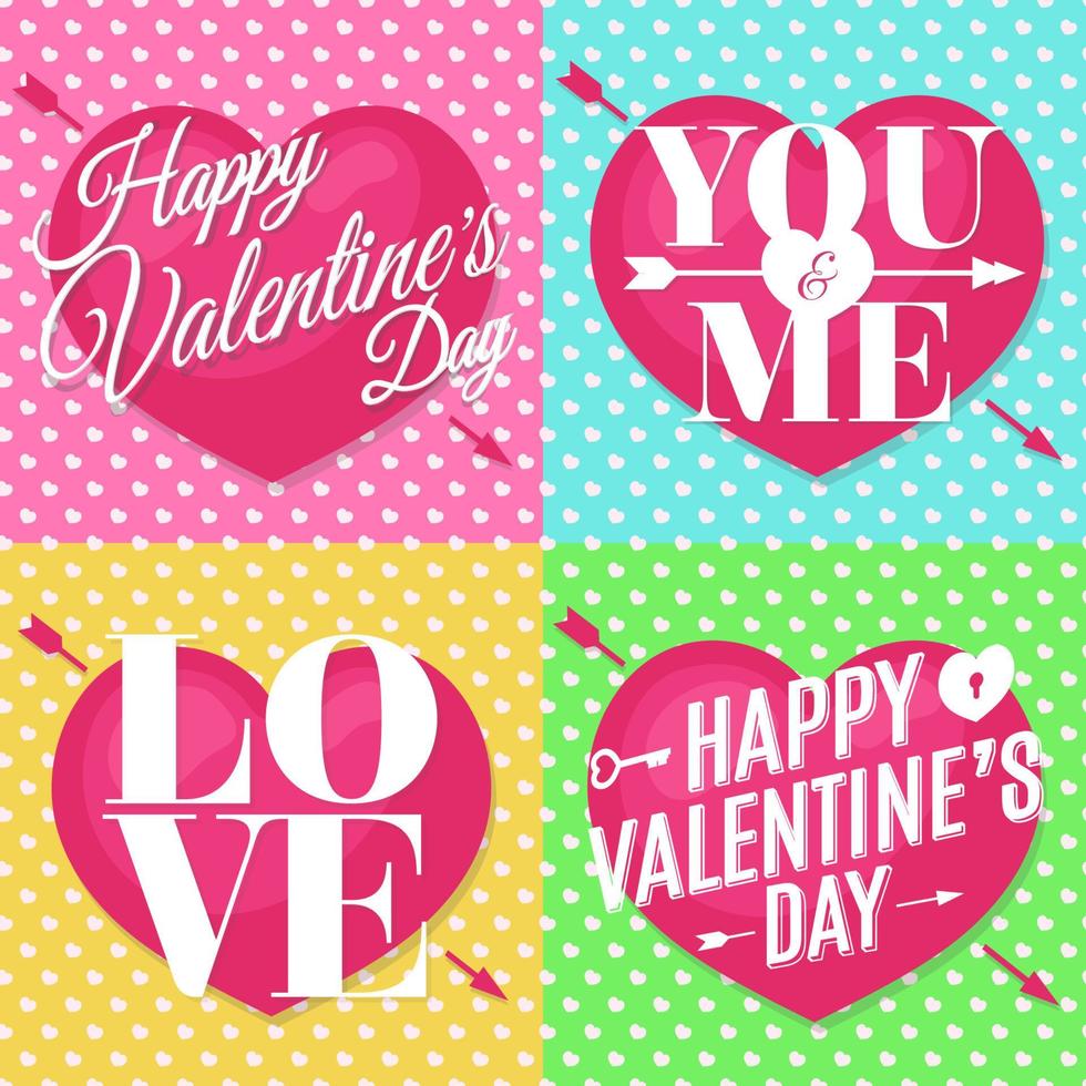 Happy Valentine's day card set with lovely lettering typography wish on cute different color heart background. Holiday decoration element. Vector illustration