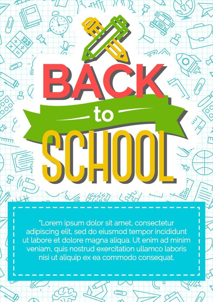 Back to school card with color label consisting of icon pen and pencil on school supplies background vector