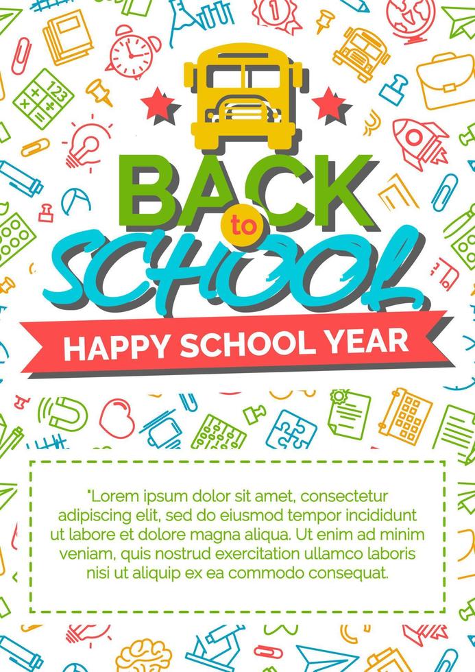 tarjeta de regreso a la escuela con una etiqueta de color que consiste en un icono de autobús y firmar feliz año escolar en cinta roja vector