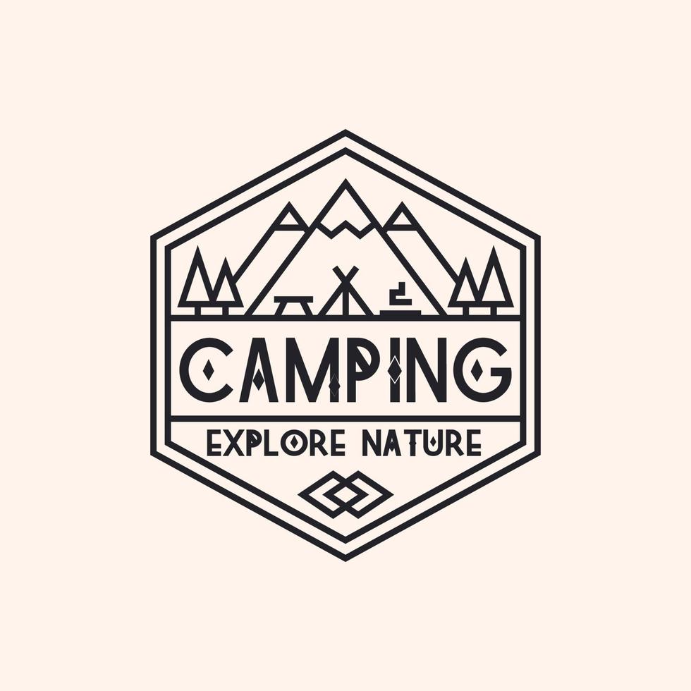 Camping logo consisting of mountains, camp and trees line style for explore emblem, hiking sticker vector