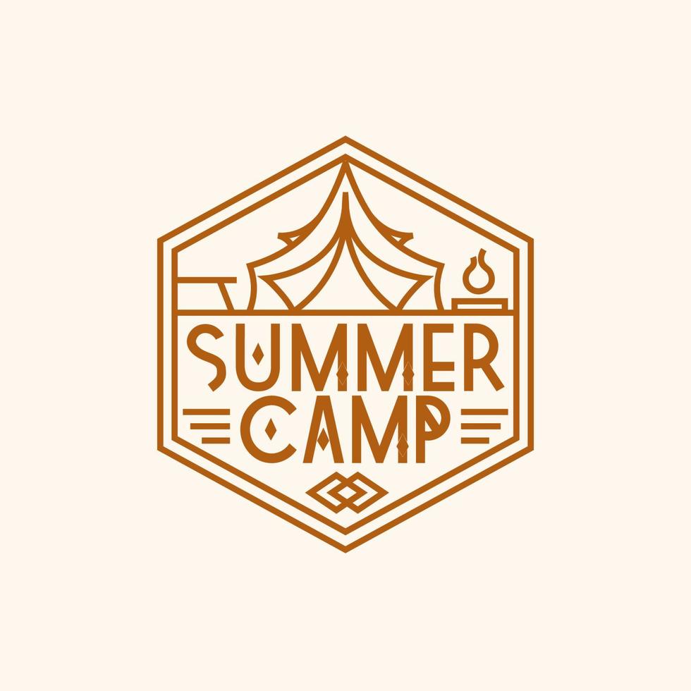 logotipo del campamento de verano que consiste en una tienda de campaña y un estilo de línea de fogata para el logotipo de campamento, explorar el emblema vector