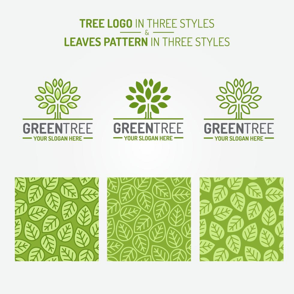 Green tree set consisting of logo and leaves pattern three styles vector