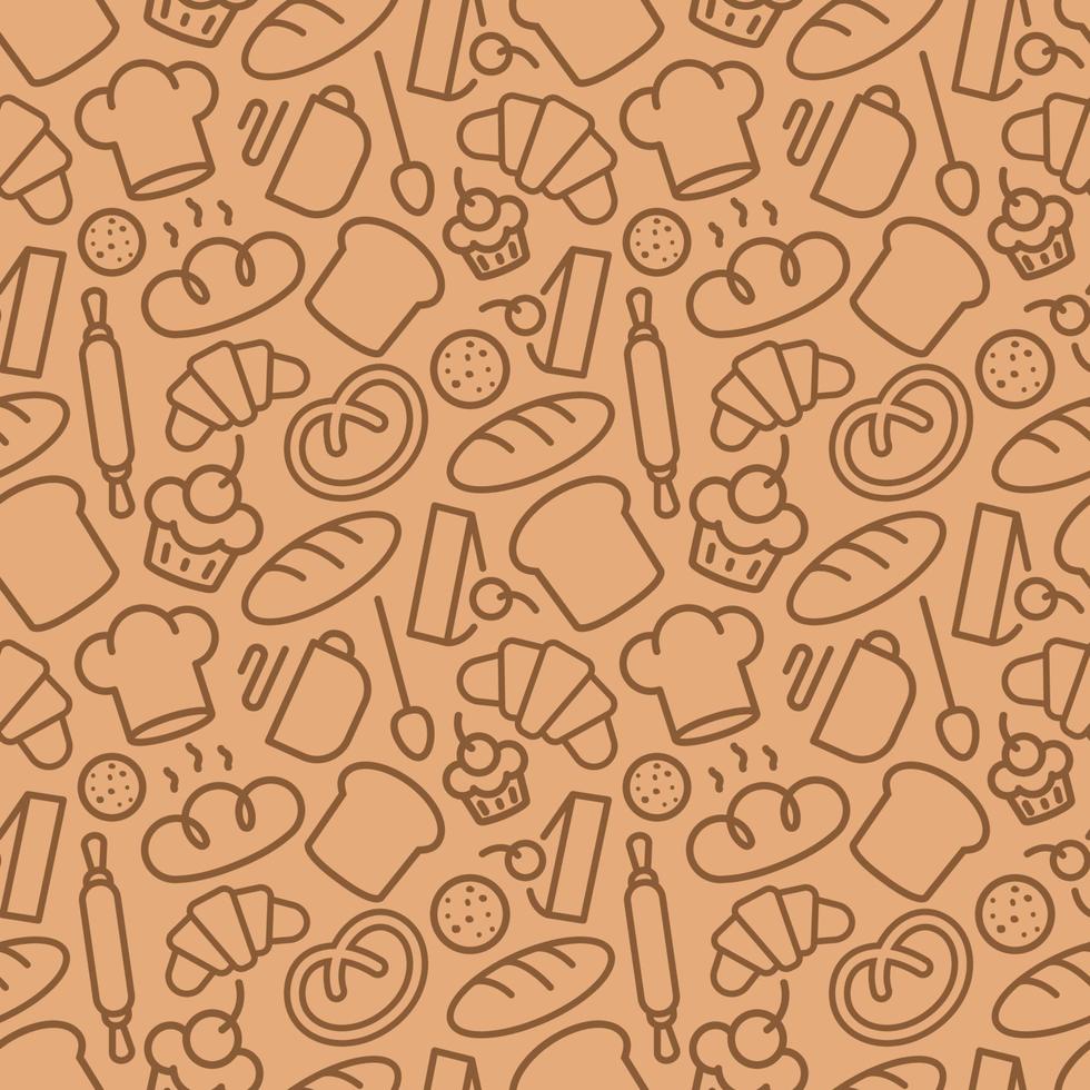 Bakery pattern consisting of baking accessories and food line style brown color vector