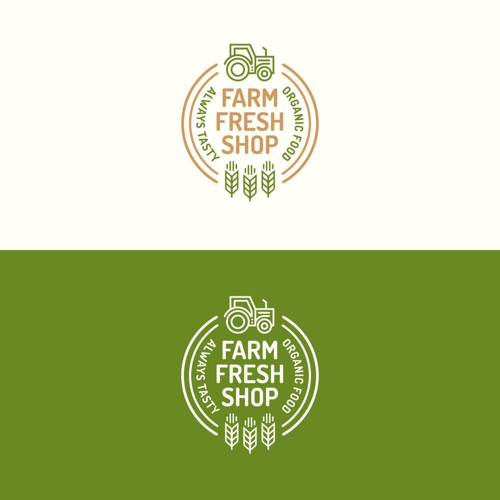 Farm fresh shop logo set color line with icon tractor and wheat for natural product company vector