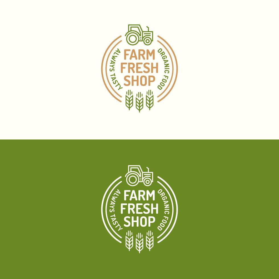 el logotipo de la tienda fresca de la granja establece la línea de color con el icono del tractor y el trigo para la empresa de productos naturales vector