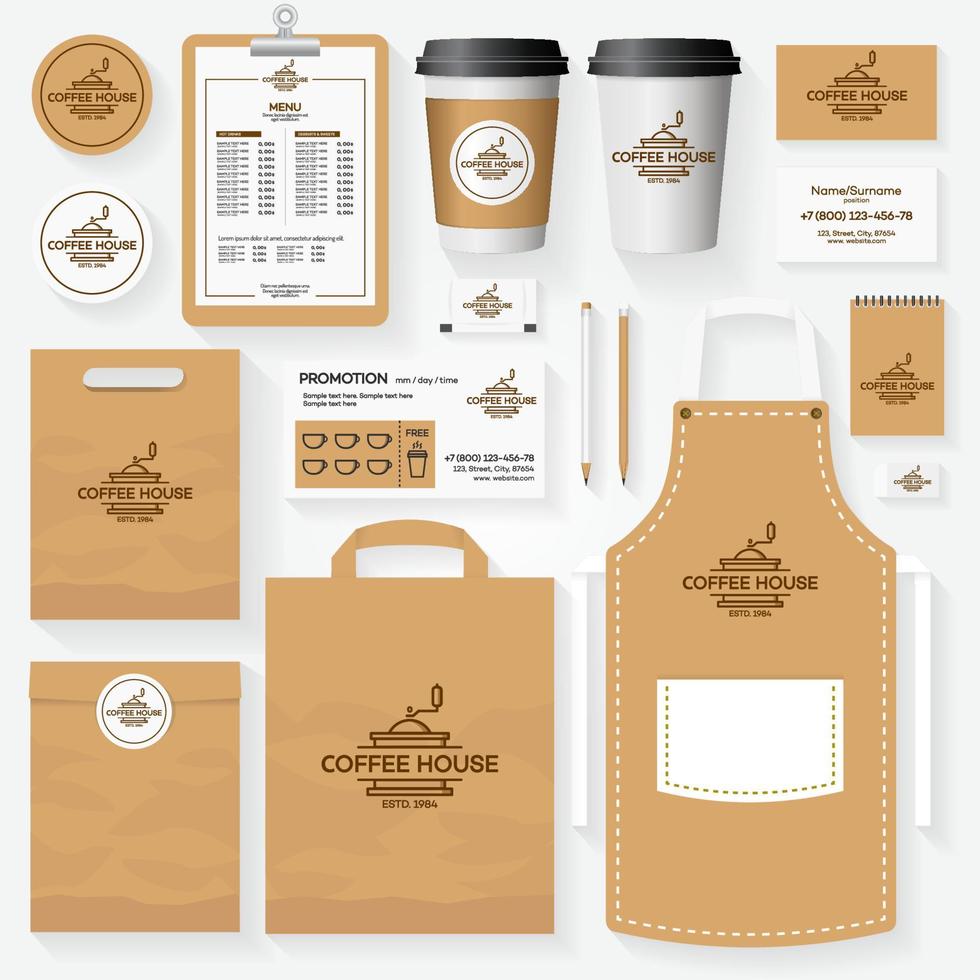 Coffee house corporate identity template set with coffee machine logo. vector