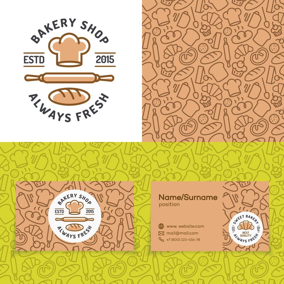 Bakery shop set with logo consisting of chefs hat, rolling pin and loaf, seamless pattern and cards vector