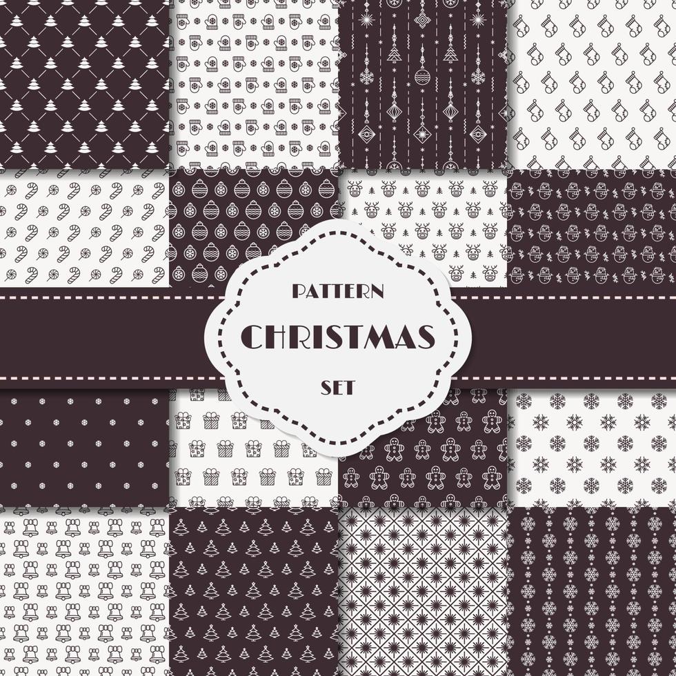 Christmas pattern set white black color consisting of snowflake, toy, gift, tree vector