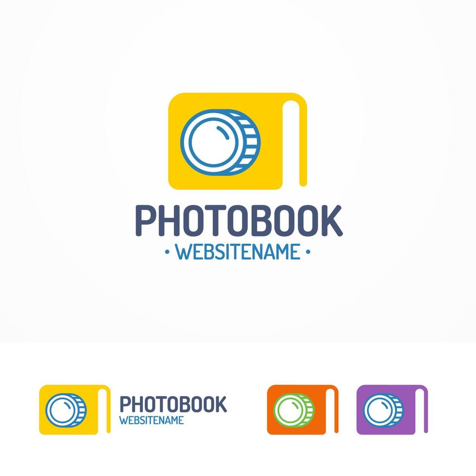 logotipo de fotolibro con libro y lente vector