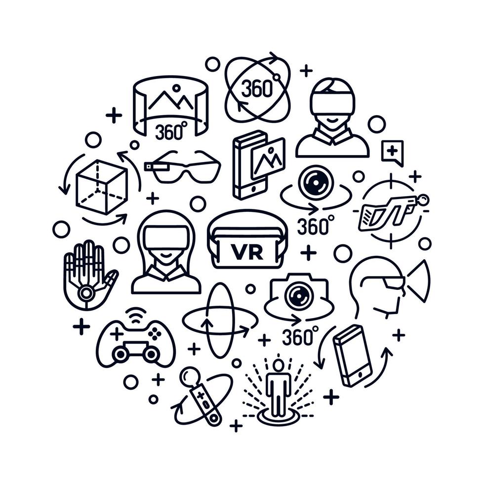 Virtual reality concept with black color icons think line style isolated on white background. 360 Degree, Panorama, Virtual Reality Helmet icon. Vector IIlustration