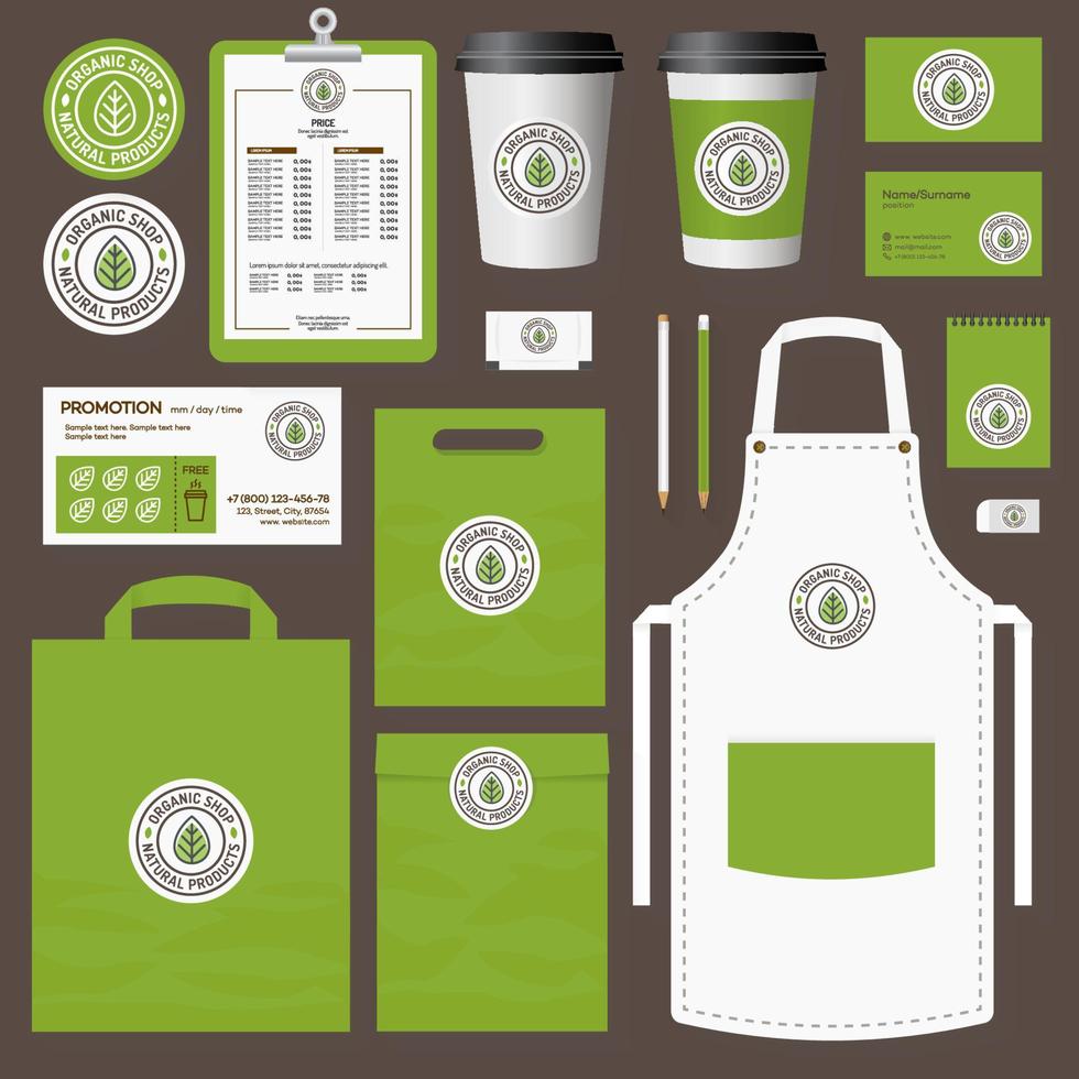 Organic shop corporate identity template set with leaf logo vector