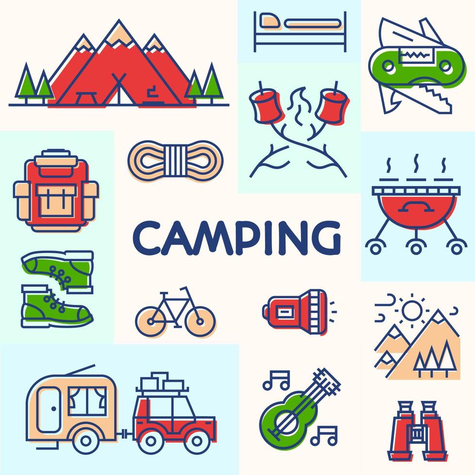 tarjeta de camping que consiste en camper, montaña, mochila, bicicleta para placa de viaje, campamento para niños vector