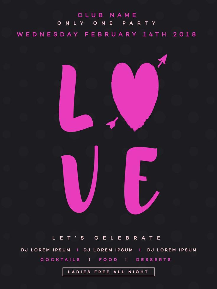 Valentines day poster party with sign love on black background for banner sale, decoration vector