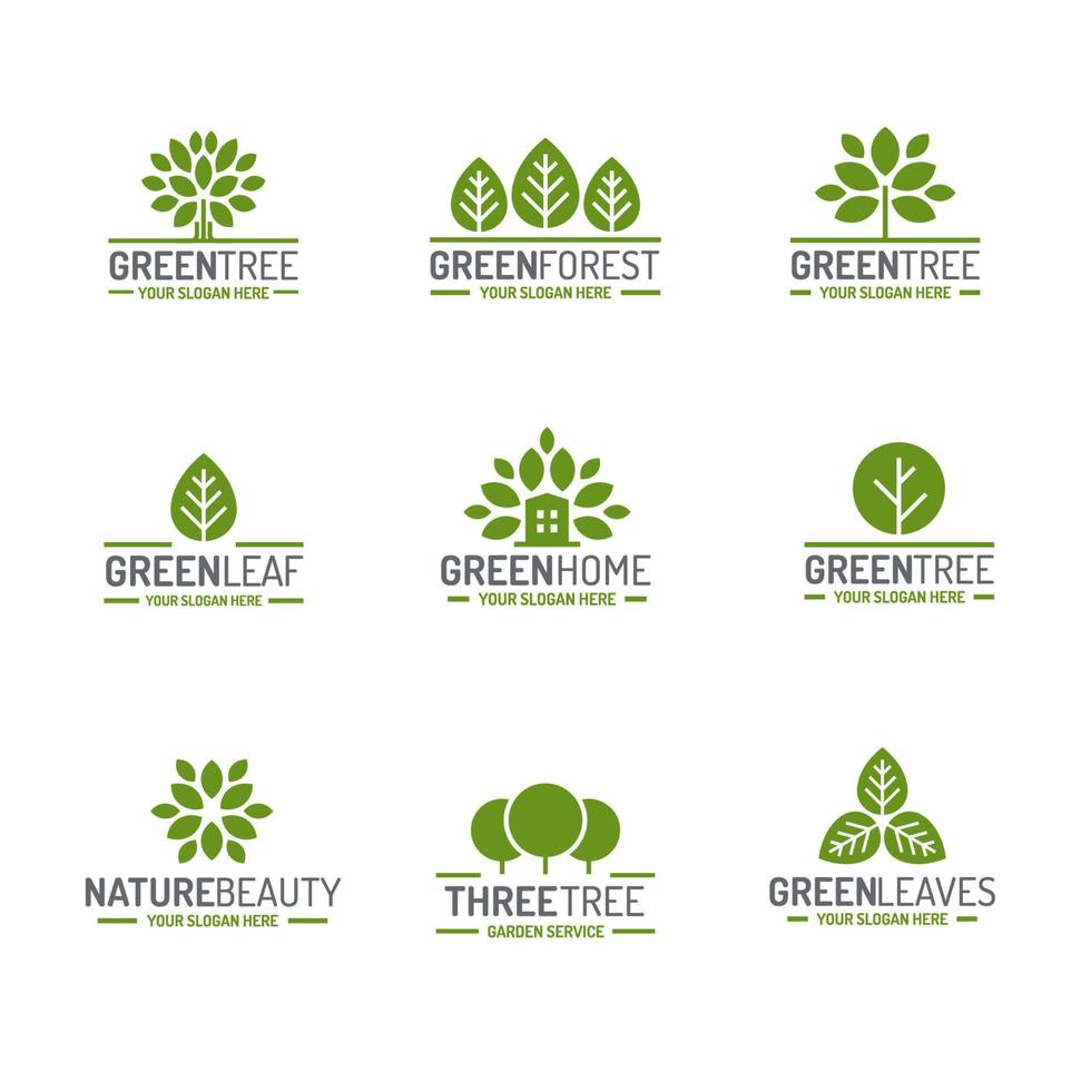 Leaves and tree logo set green color flat style for ecology company vector