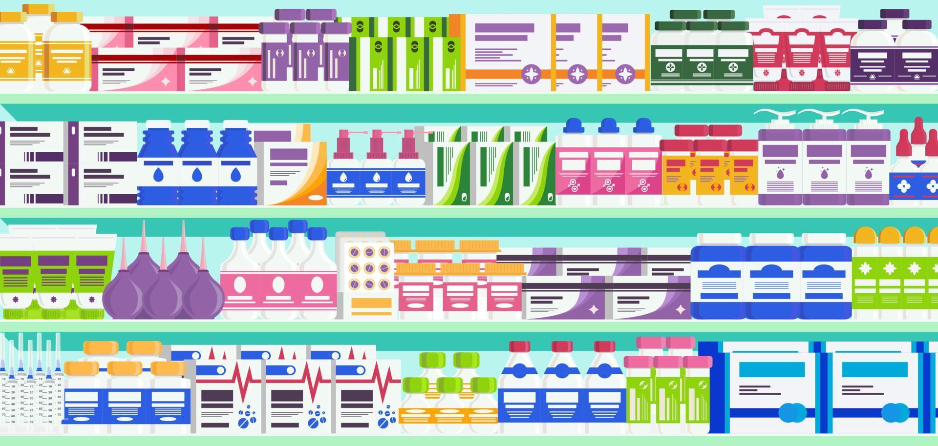 estantes de farmacia con medicamentos vector