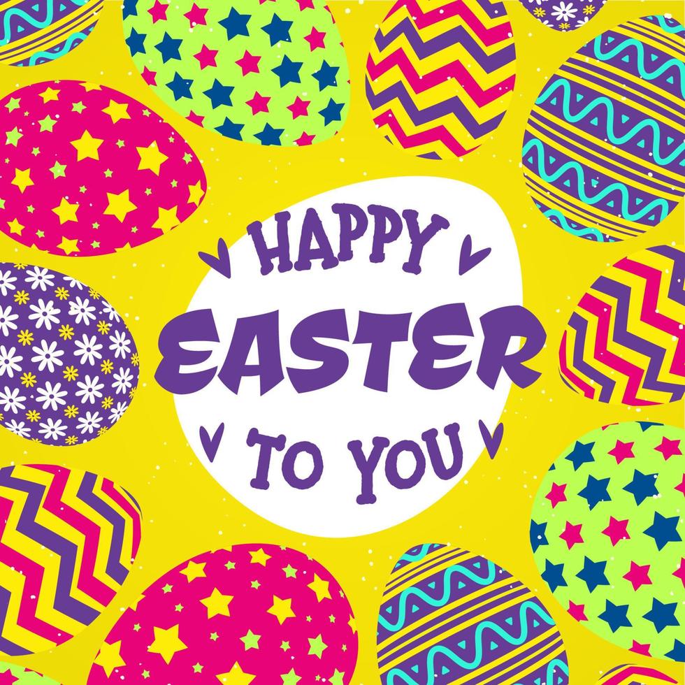 Happy easter to you card with eggs and colorful pattern on yellow background vector