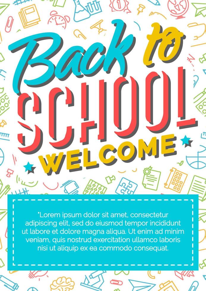 Back to school card with color label consisting of sign welcome on school supplies background vector