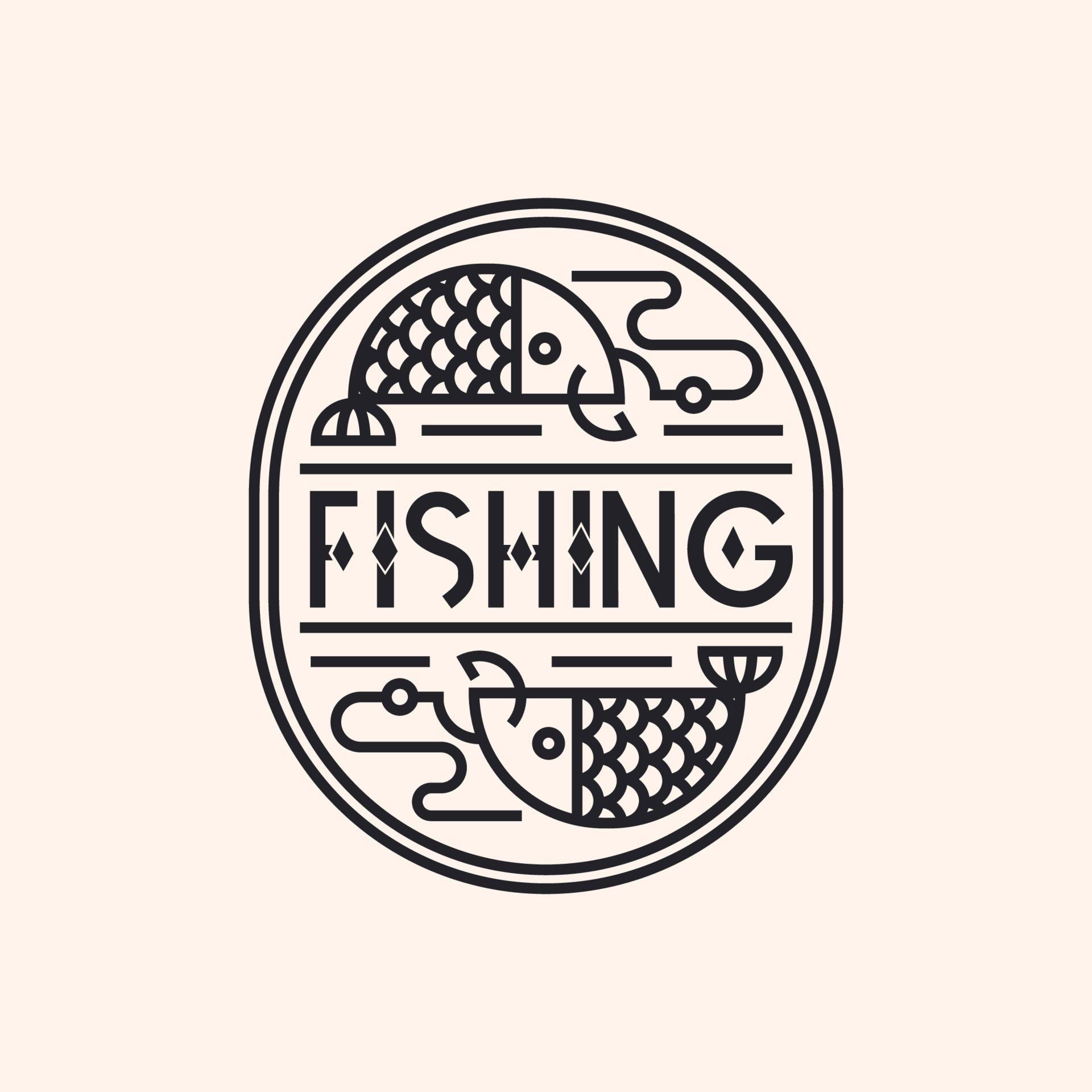 Fishing logo consisting of fish and hook line style isolated on