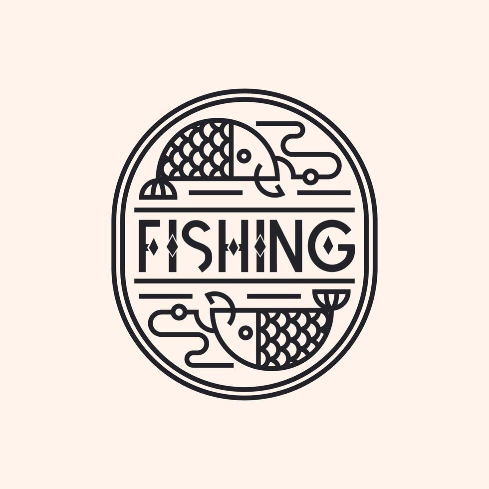 logotipo de pesca que consiste en un estilo de línea de pescado y anzuelo aislado en el fondo para el emblema de camping, pegatina vector