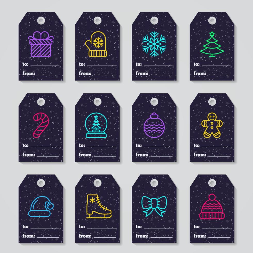 Christmas tags set with gift, mitten, snowflake, tree, sweet candy, ball vector