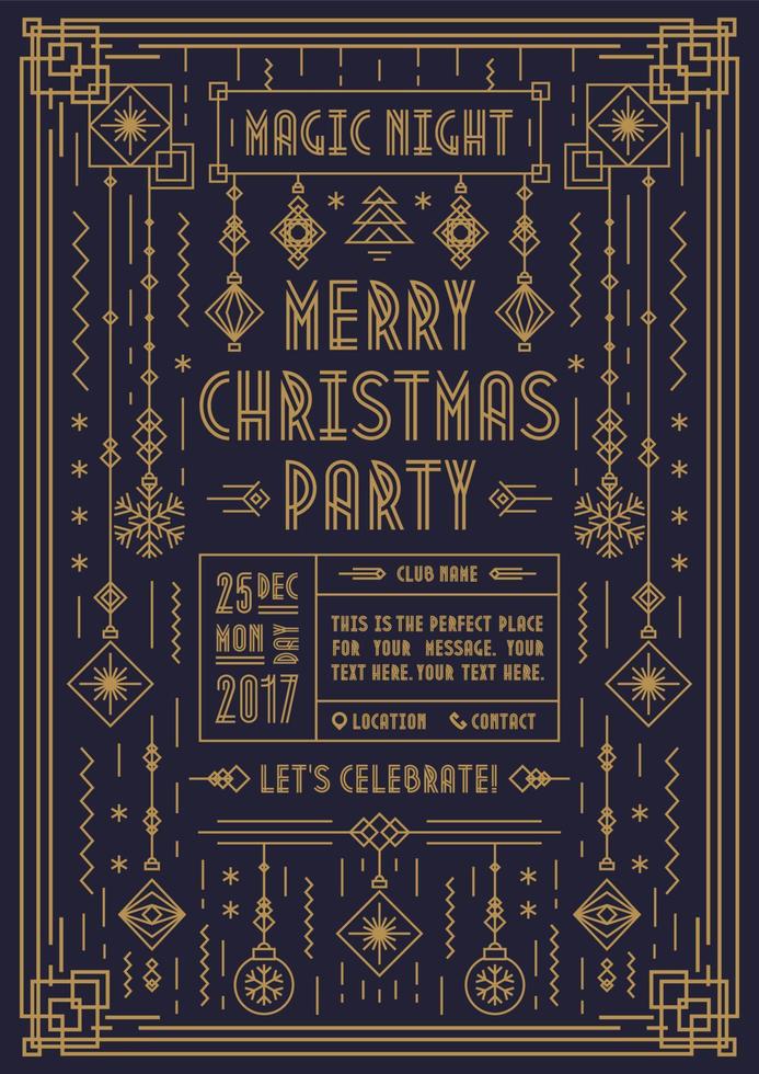Merry Christmas poster for party with new year toy art deco line style gold color vector