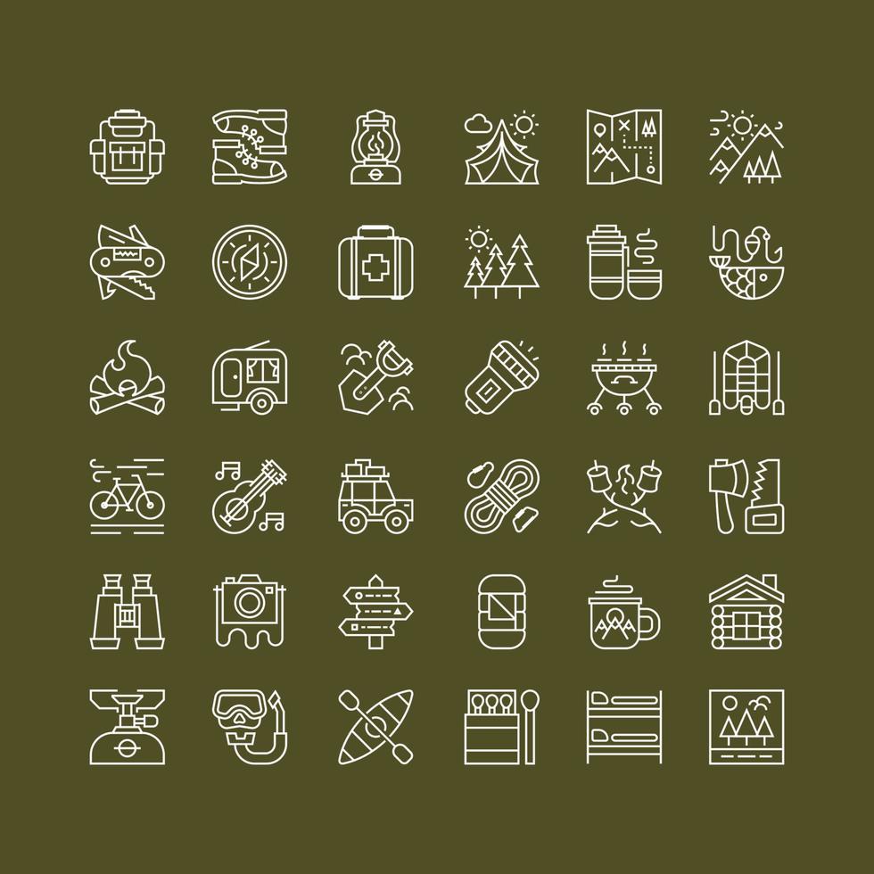 Camping icons set line style white color consisting of camp and travel equipment for explore emblem vector