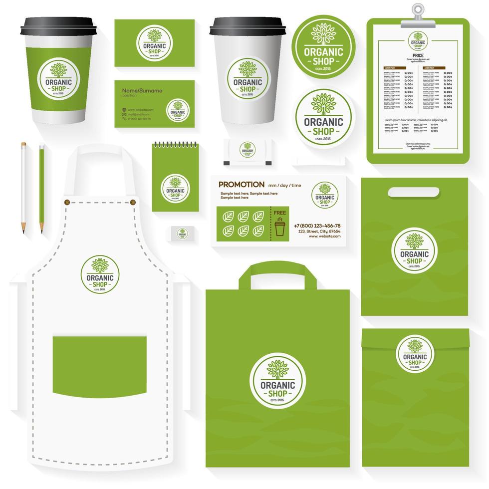conjunto de plantillas de identidad corporativa de tienda orgánica con logotipo de árbol vector