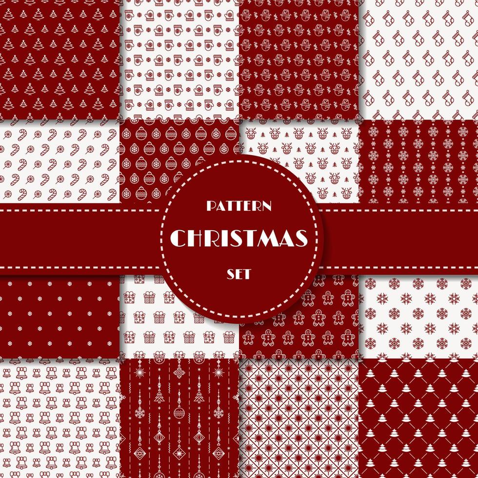 conjunto de patrones navideños de color rojo blanco que consta de árbol, manopla, caramelo vector