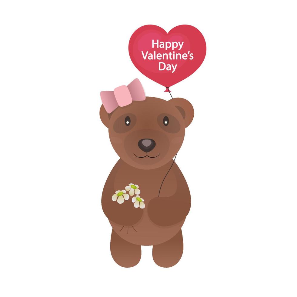 Valentine bear with red balloon with sign Happy Valentines Day and flowers in hand for use greeting card, stamps, label, posters and romantic quote. Vector Illustration