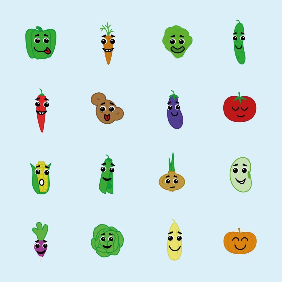 vector happy vegetable icon set with eyes and smile flat style
