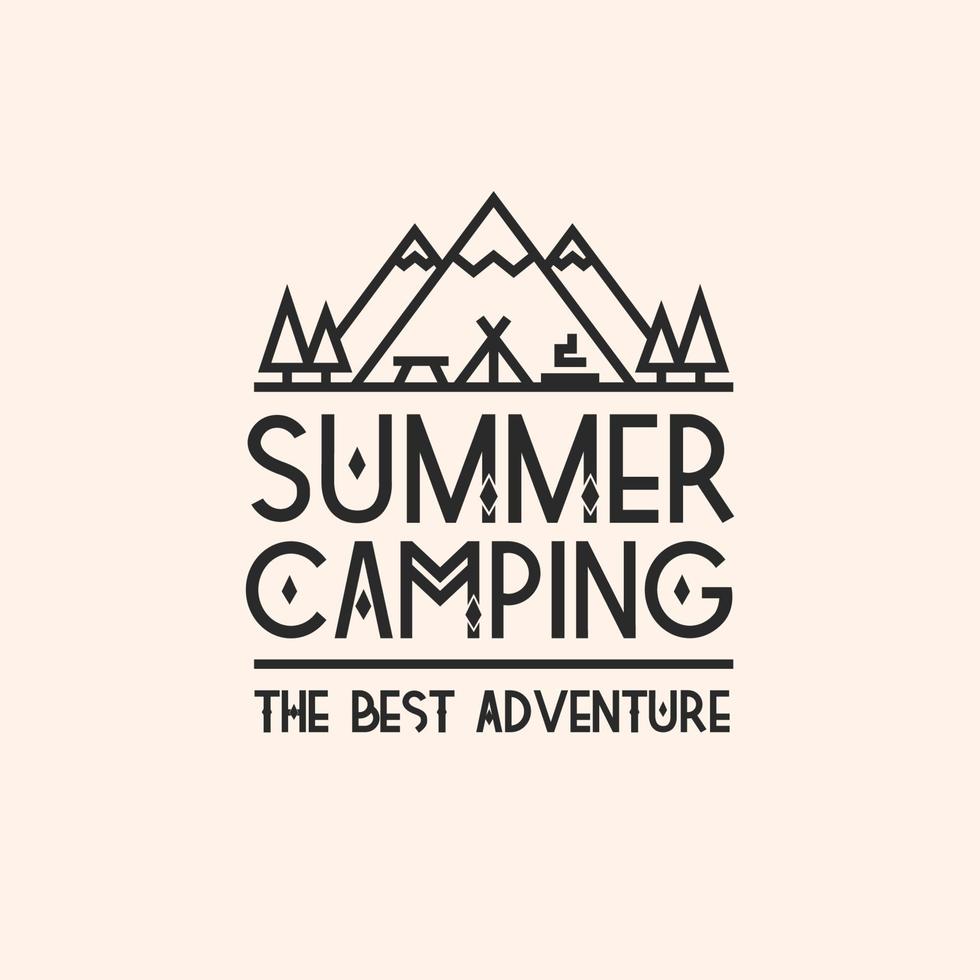 Summer camping card with landscape consisting of mountains, trees, tent, campfire and table vector