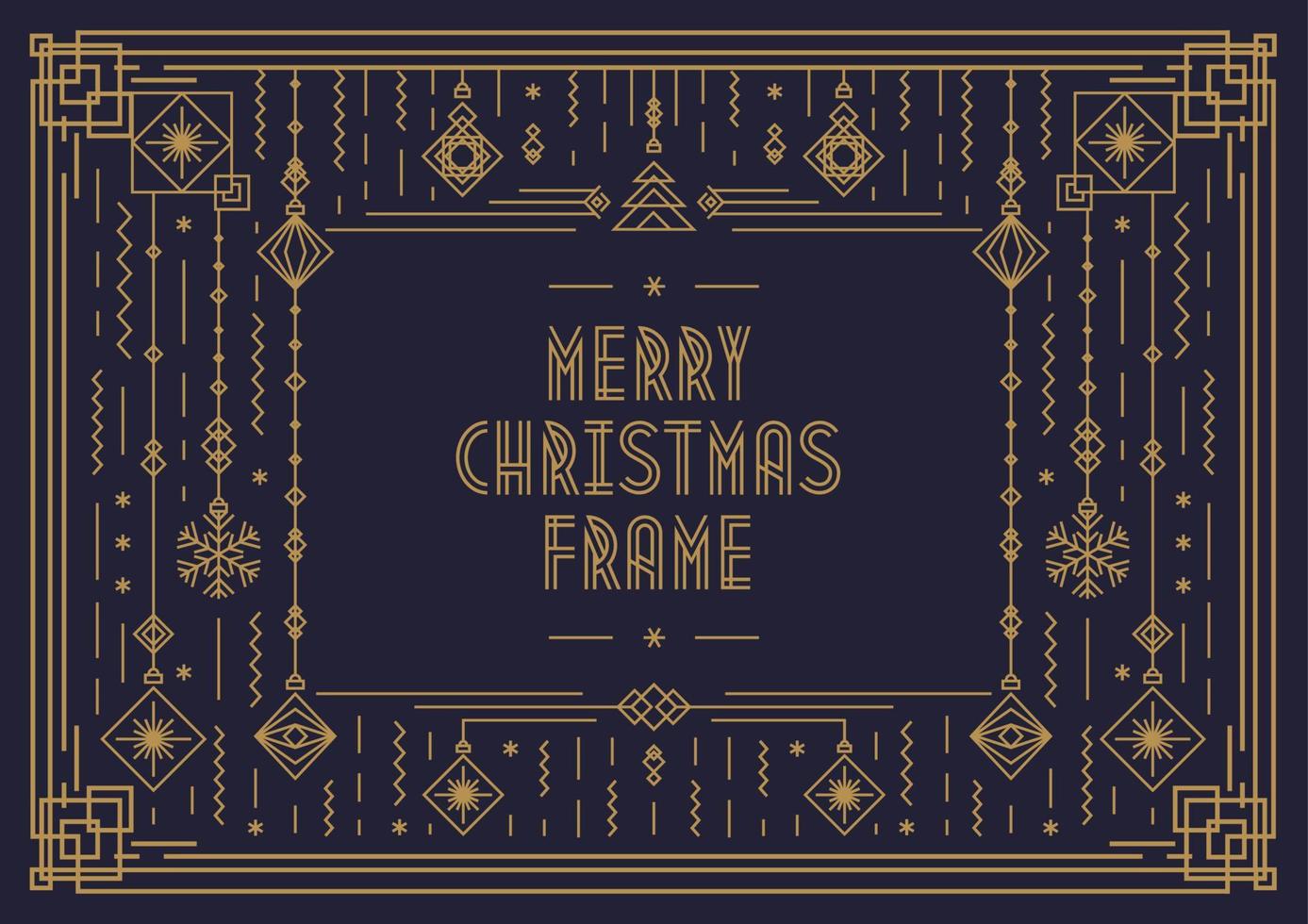 Merry Christmas card template with frame and new year toy art deco line style gold color vector