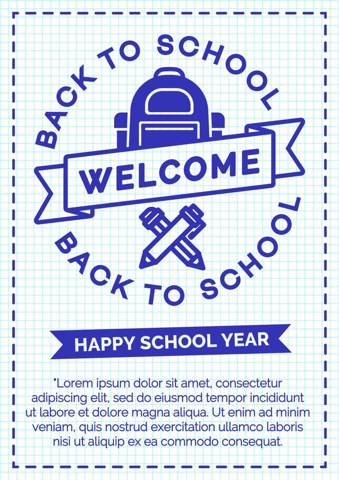 Back to school card with cyan color label consisting of school backpack, pen, pencil and sign welcome vector