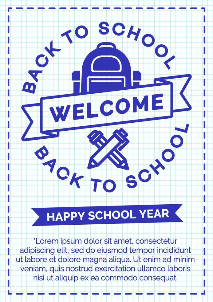 Back to school card with cyan color label consisting of school backpack, pen, pencil and sign welcome vector