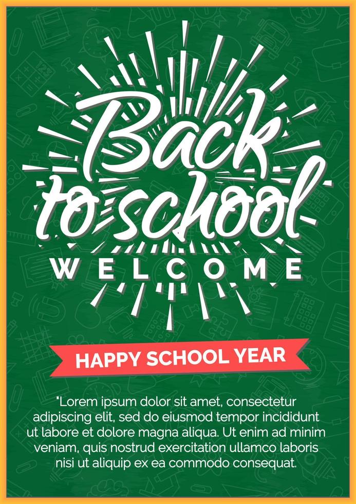 Back to school card with label on green chalkboard vector