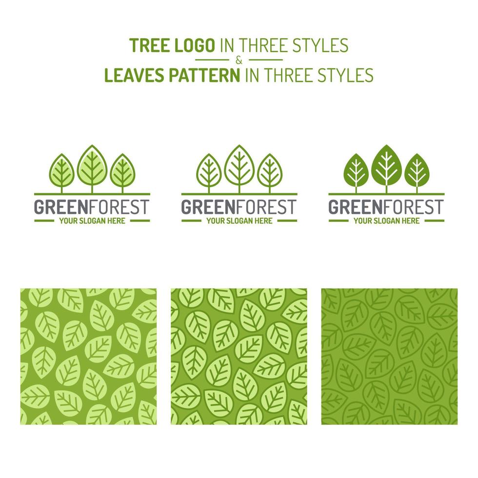 conjunto de bosque verde que consiste en el logotipo del árbol y el patrón de hojas tres estilos vector