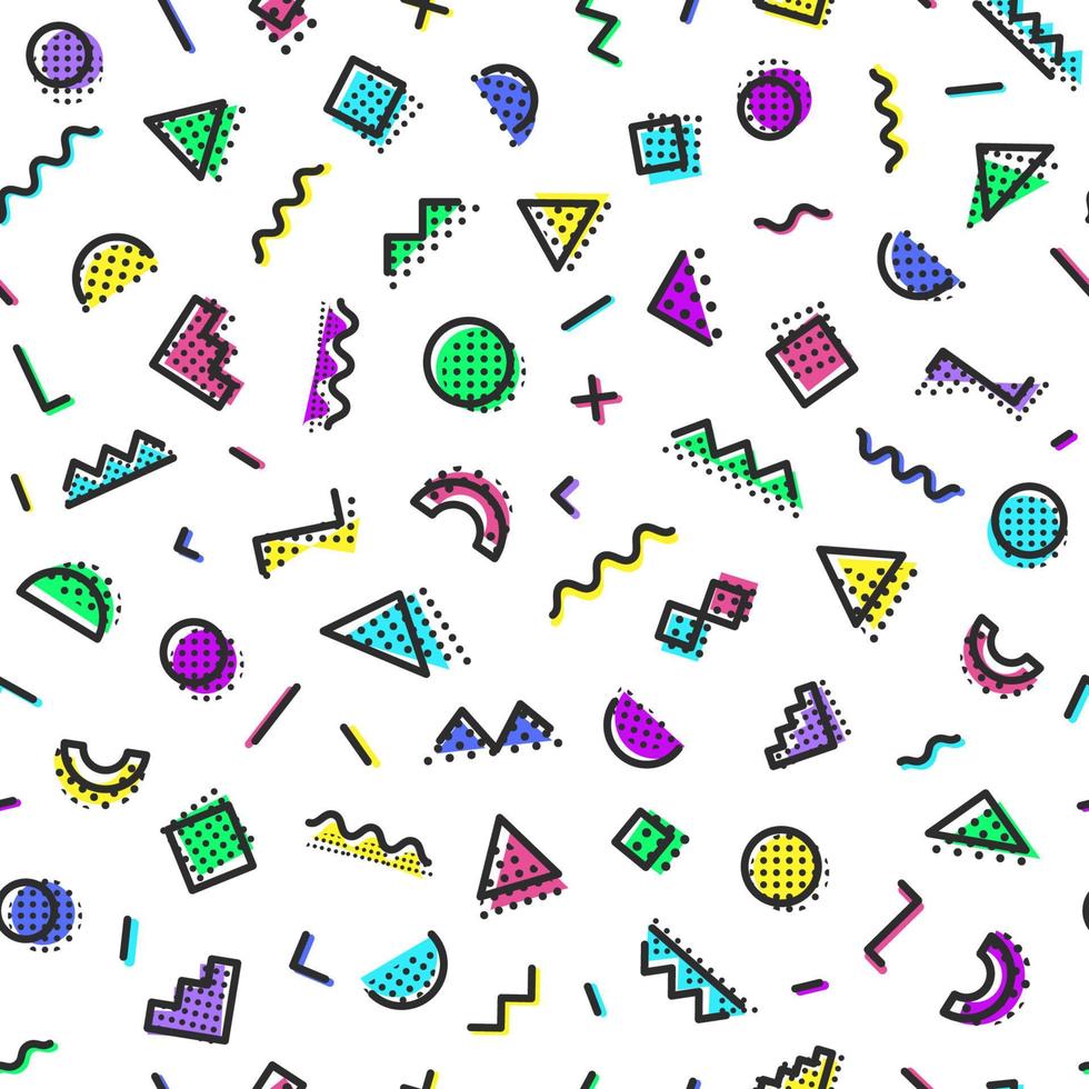 Memphis seamless pattern consisting of geometric shapes on white background for use on business card, banner and other. Vector Illusration