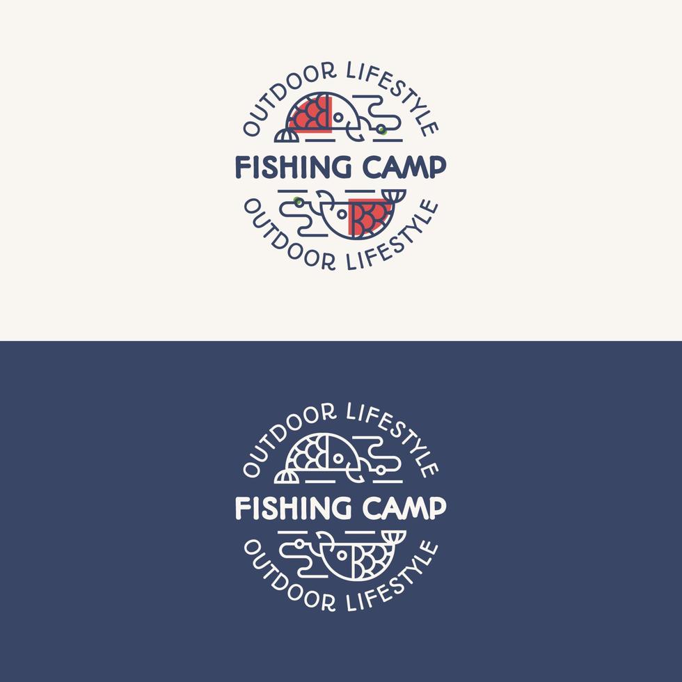 Fishing camp logo set consisting of fish on the hook for explore emblem, travel badge vector