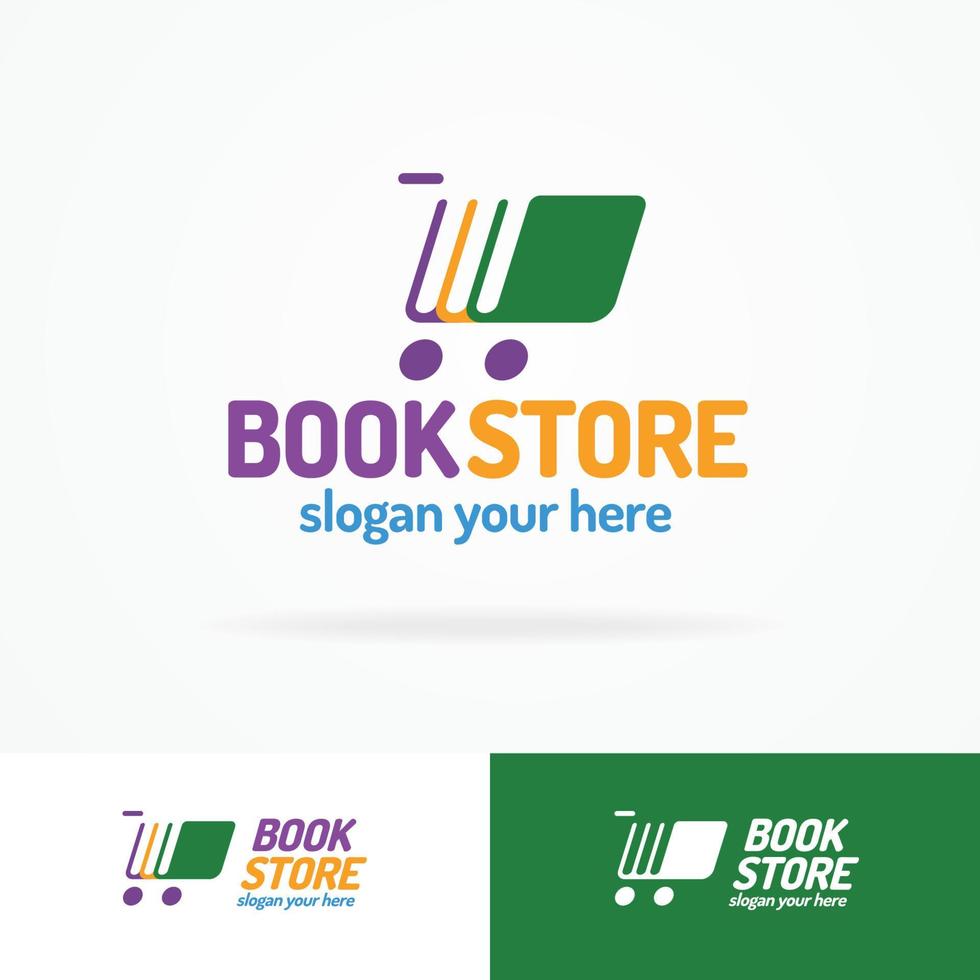 conjunto de logotipos de librería que consta de libros y carrito de compras de silueta vector