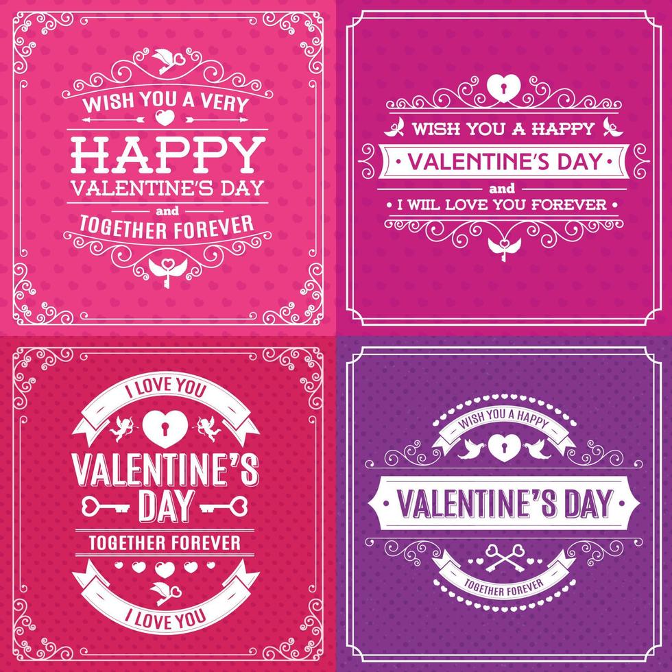 Happy Valentine's day greeting card set on heart's background different color with vintage frame. Decoration element. Vector illustration