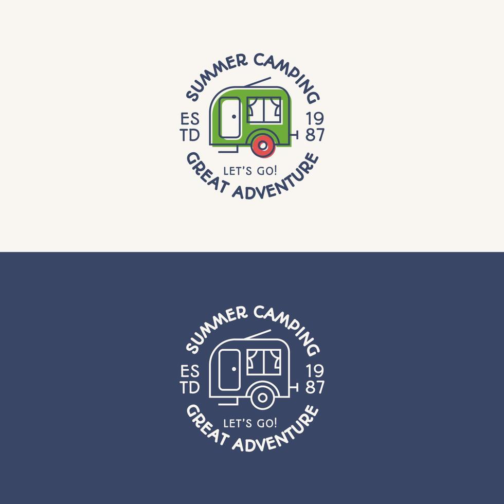 logotipo de campamento de verano con color y estilo de línea que consiste en camper para explorar emblema, insignia de viaje vector