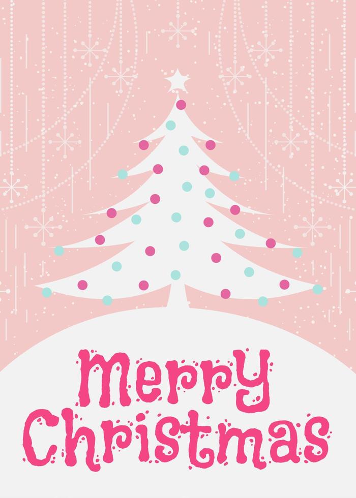 Christmas greeting card with christmas tree cute flat color style on pink holiday background vector